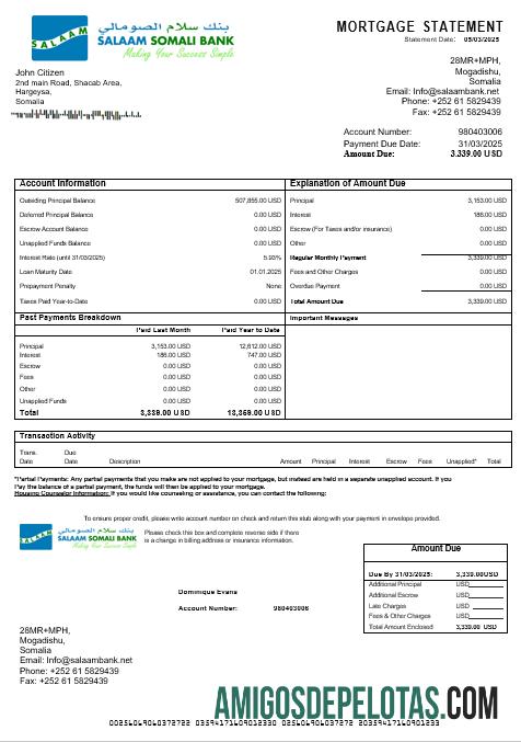 Extrato de hipoteca do Banco Somali Salaam Somali em formatos Word e PDF baixar para verificação